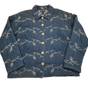 Vintage Life Style Quilted Denim Jacket‎ Floral Embroidery Button Up Women L